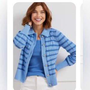 Talbots Blue Striped Cable Knit Collared Cardigan